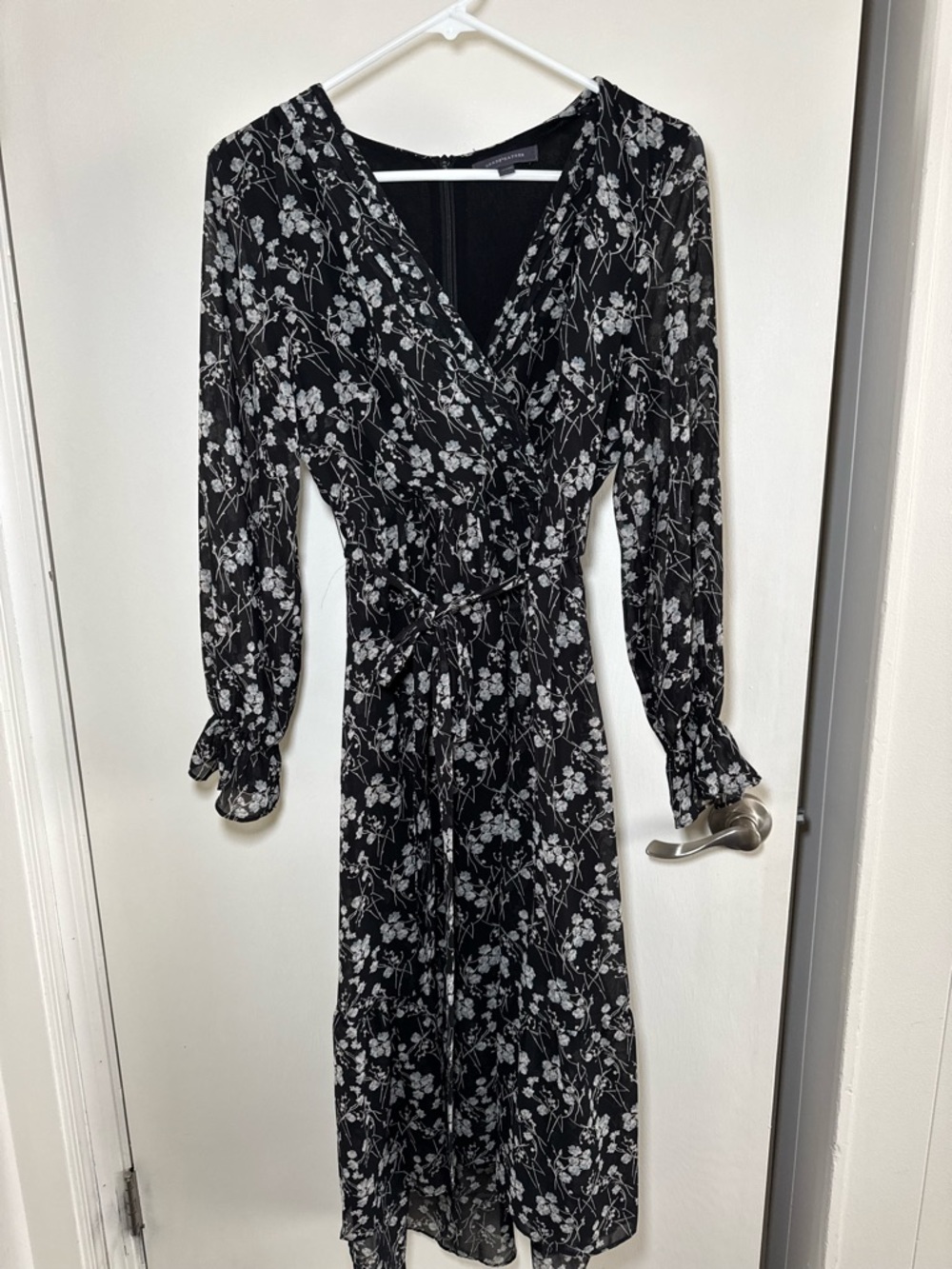 Women’s Black Floral Wrap Midi Dress with Long Sleeves
